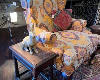 Pair of vintage Cedric Hartman floor lamps, cast iron bunny piggy bank, antique English side table, okay wing back armchair, vintage lace custom pillow