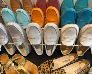 Tod’s driving loafers in every color, Gucci sandals, Prada leopard loafers