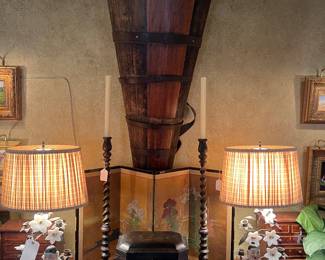 Rare pair of antique 19th century brass and floral milk glass candelabra lamps, Meissen nodding pagodas (19th century), early 19th century barley twist candlesticks, Asian screen, 19th century tea caddy with Japanese lacquer, large French grape hotte (basket)