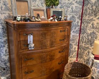 Antique walnut French Provincial Louis XV serpentine high boy dresser