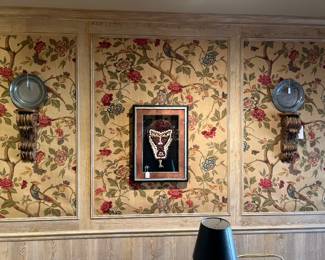 Pair of antique wooden carved corbels, pewter chargers, mask art