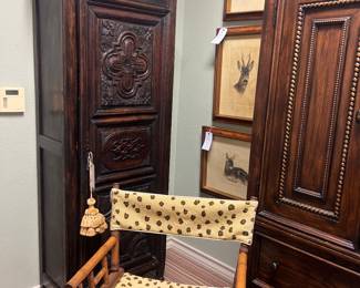 Needlepoint directors chair, 18th or early 19th c French Breton carved linen cabinet, Baroque armoire
