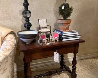 19th century Jacobean side table. Accessories include Japanese antique bronze temple candlestick, pottery, antique furniture display chair, horn cups and more