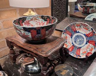 Waterford lamp, antique Imari bowl and plate, Japanese lacquered box