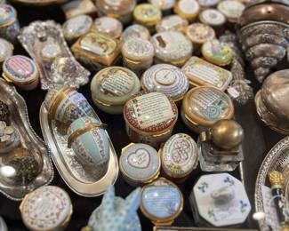 Herend, beautiful collection of enamel boxes, Tiffany & Co clock and calendars, lots of small beauties to see