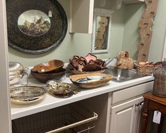 Vintage rolling laundry cart, lots of silver plate serving pieces, copper cookie cutters