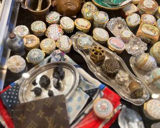 Glenna Goodacre bronzes, malachite dish, sterling silver, Louis Vuitton wallet, Hermes scarves, enamel boxes, Baccarat crystal