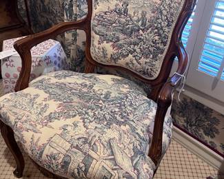 French Louis XV chair with custom embroidered toile fabric