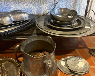 Pewter trays, Kayserzinn pewter pot, antique boot scraper (bottom left)