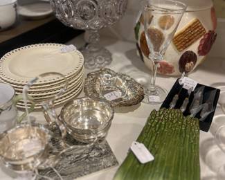 Set of 8 19th century German creamware basket weave plates with reticulated border, antique moon and stars compote, 1950s cookie jar, and more!