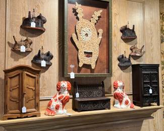 Pair of English Staffordshire dogs, antique furniture display armoires and bench, six early French Easter lamb molds, mask art