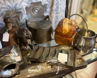 Wooden butter mold, lidded pewter box, more pewter molds