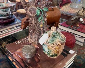Palissy pitcher, 19th century Majolica goat tobacco jar