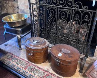 Antique long needlepoint footstool or kneeling bench, 19th century metal hat boxes, English footman fireplace trivet stool, antique 18th century large hand hammered British brass basin, iron floral fireplace screen