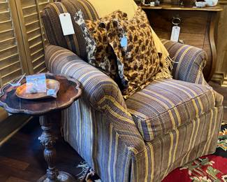 Striped armchair, small antique side table, pair of darling acorn pillows, Pratesi cashmere throw