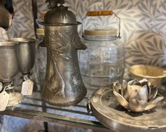 Antique pewter goblets, Kayserzinn German pewter pitcher, vintage glass pickle jars, English pewter warming dish (front right under flower)