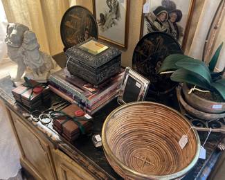70s bamboo and brass bowl, Japanese lacquered plates