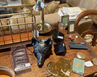 Accessories: 19th c. newspaper rack, brass lamp, black tourmaline cubes, Aerin Louder heart puzzle, black cast iron fox head door stop circa 1880