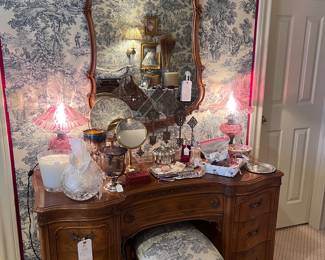 Antique walnut French Provincial desk, toile upholstered bench