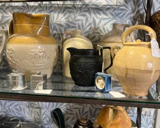 Antique pitcher, antique whiskey crock jug, antique stoneware, French water jug, Wedgwood black basalt pitcher, pewter trinket boxes