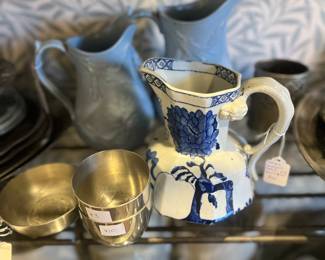 Antique blue pitchers, antique Davenport hydra jug fruit and floral pitcher