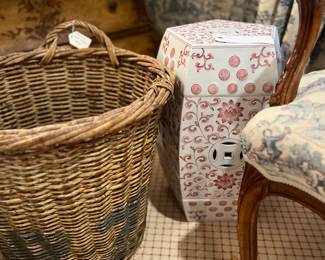 Large antique French basket, Chinese garden stool