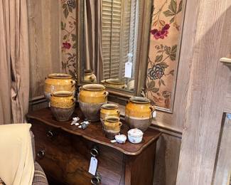 Gilt wood mirror, Baker chest, collection of terracotta pots
