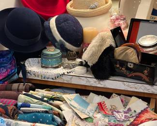 Vintage Handkerchiefs, hats, jewelry case, 1960s Sunbeam Hair Dryer (w/box)