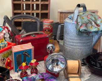 Big Beam Flashlight in great working condition, vintage lunchbox with thermos, Vintage Coca Cola Crate, Vintage Tins