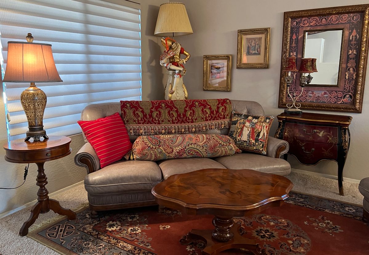 Italian Leather Sofa, 2 Chairs, 2-Drawer Chest, Inlaid End Table, Inlaid Coffee Table, Mondial Area Rug, Table Lamps, Vintage Jester Lamp, Art, Mirrors and more...