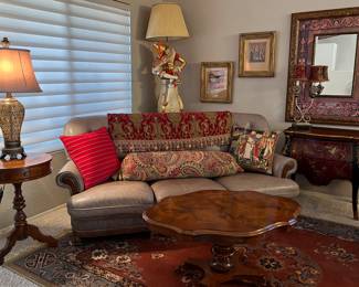 Italian Leather Sofa, 2 Chairs, 2-Drawer Chest, Inlaid End Table, Inlaid Coffee Table, Mondial Area Rug, Table Lamps, Vintage Jester Lamp, Art, Mirrors and more...