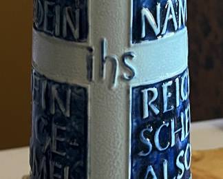 Antiqued Gray and Blue Lord's Prayer German Stein w Cross