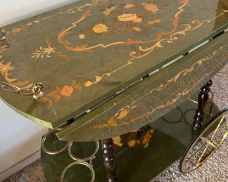 Vintage Italian Marquetry Tea & Bar Cart Metal & Wood Serving Drop Leaf