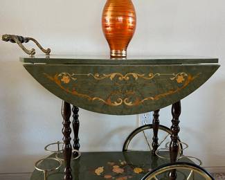 Vintage Italian Marquetry Tea & Bar Cart Metal & Wood Serving Drop Leaf