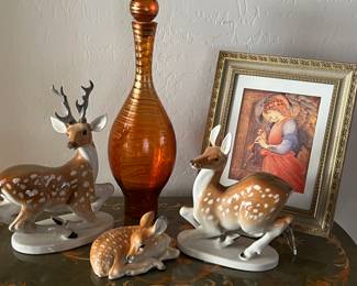 Russian Porcelain Dappled Deer Figurine Set/3, Vintage Glass Bottle, Art