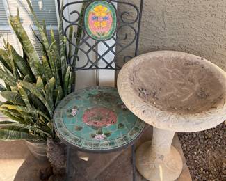Mosaic Chair, Birdbath (as is) , Plant