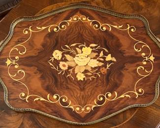 Italian Marquetry Mayflower Sorrento Serving Tray Inlaid Wood Brass Handles 1950