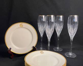 Lenox Crystal Champagne Glasses, Gold Rimed Plates