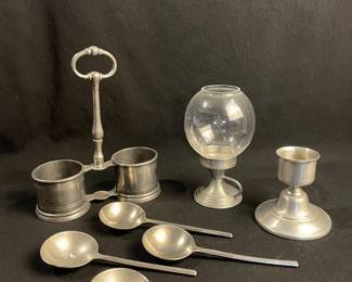Pewter Caddy, Candlesticks, Spoons