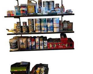 4 shelves of paints & painting equipment