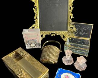 Brass, Crystal Glass Boudoir Set With Limoges Dish