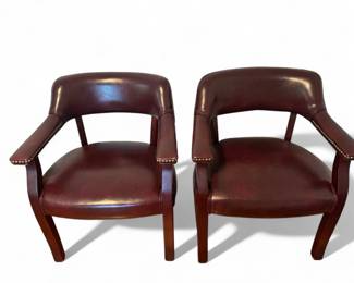 Leather And Mahogany Club Chairs With NailheadTrim (2)