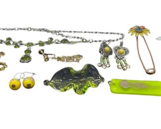 Sterling Silver Necklace And Earring Clasps & Lime Green/Silver-Tone Costume Jewelry