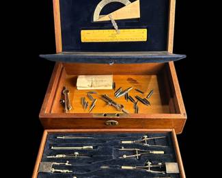 Antique Wooden Box Of Geometric Instruments, Drawing Set