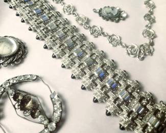 Art Deco Rhinestone Bracelet, Sterling Pin & Silver-Tone Jewelry