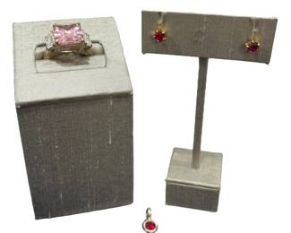 Pink/white Stone Sterling Silver Ring, (Rubies?) Stud Earrings & Red Stone (Garnet?) Sterling Silver Pendant