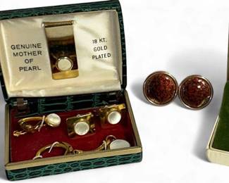 Matisse Renoir Clip On Earrings, Mens Plated Mother Of Pearl Set, And Brooch With Matching Clip Ons