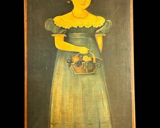 Regency Style Primitive Art Of Young Girl With A Flower Basket