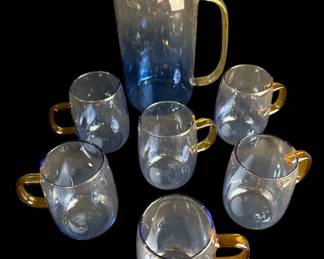 Blue Pitcher & Hand Blown Glass Set New (7)