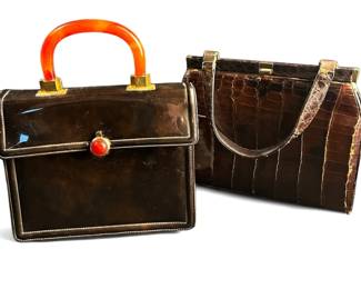 Handbags, Vintage, Patent Leather With Bakelite Handle Replica Alligator Skin Bag